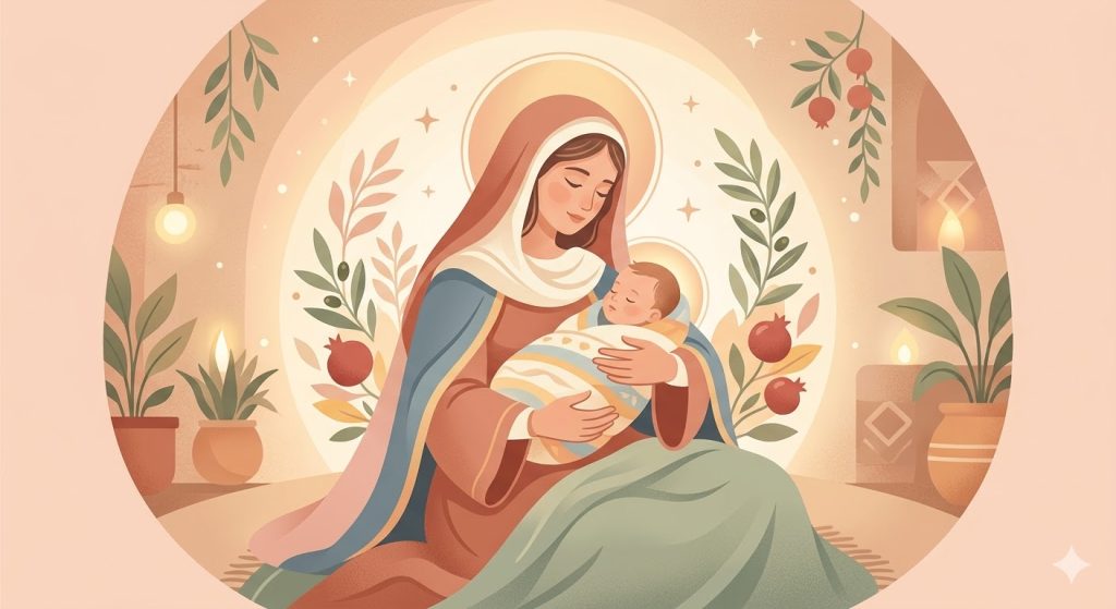 Erster Tag: Vertrauen auf Maria Mutter Gottes - ein stilisiertes Porträt von Maria die zärtlich das Jesuskind wiegt